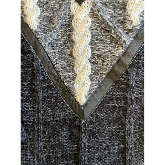 Vintage Front Line Chunky Cable Knit Crew Neck Sweater Leather Trim 80s Medium - Picture 3 of 7